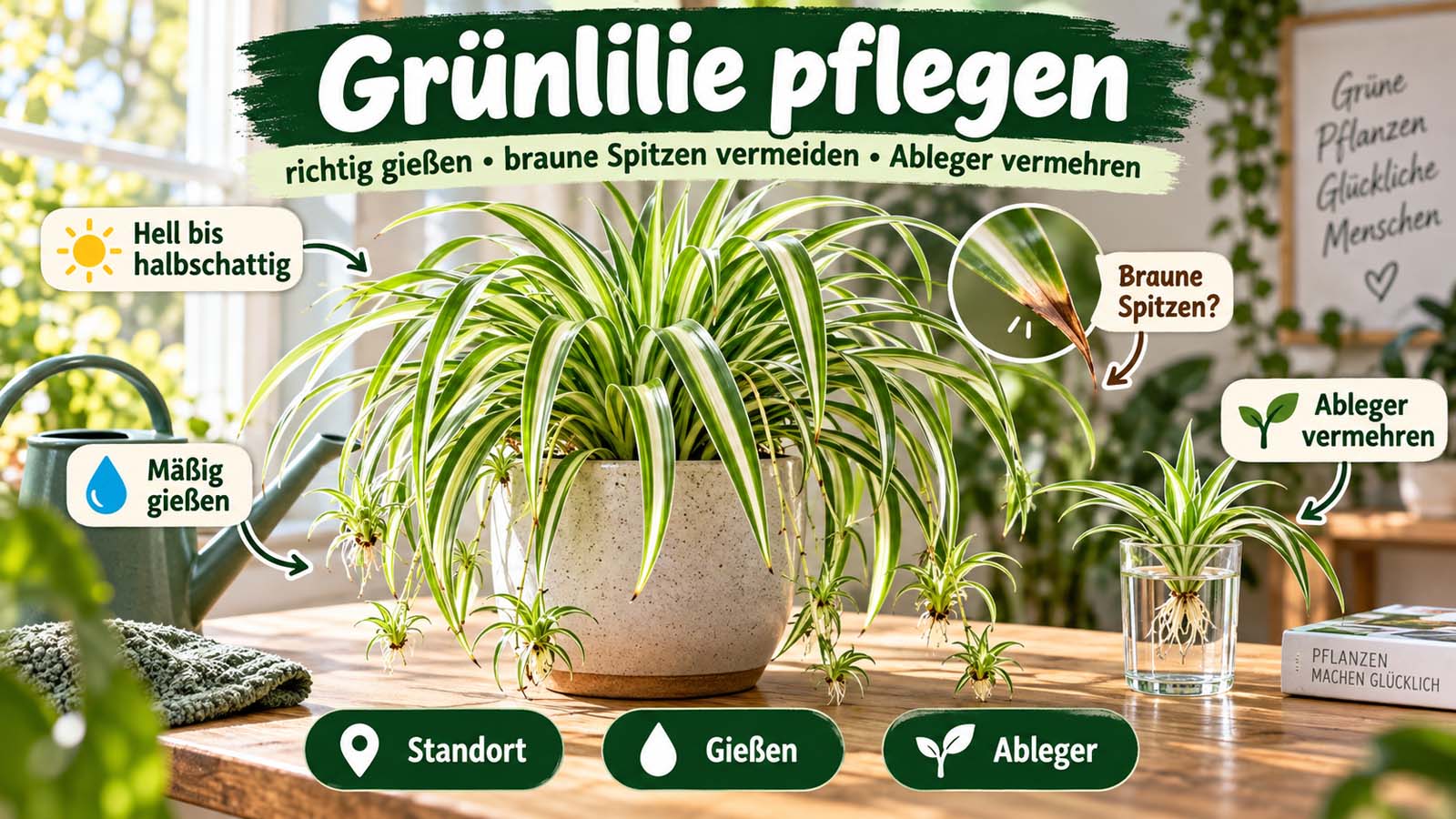 Grünlilie mit Ablegern sowie Hinweisen zu hellem Standort, mäßigem Gießen, braunen Blattspitzen und Vermehrung der Kindel im Wasser.