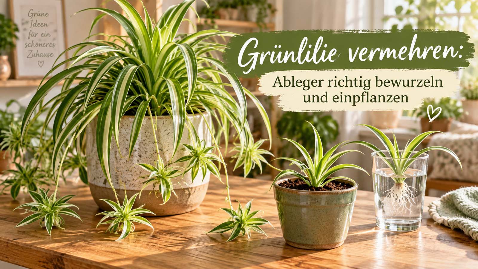 Grünlilie mit mehreren Kindeln sowie einem Ableger im Topf und einem bewurzelten Ableger im Wasserglas – passend zur Vermehrung durch Ableger.