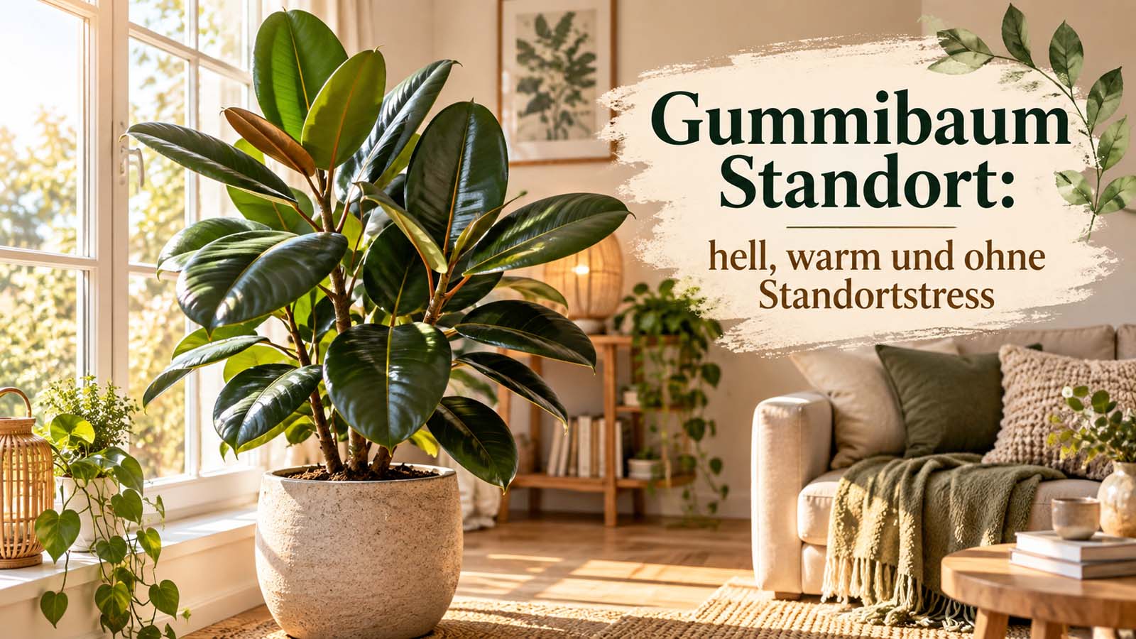 Gesunder Gummibaum an einem hellen, warmen Fensterplatz im Wohnraum – passend zum optimalen Standort für Ficus elastica ohne Zugluft und Standortstress.