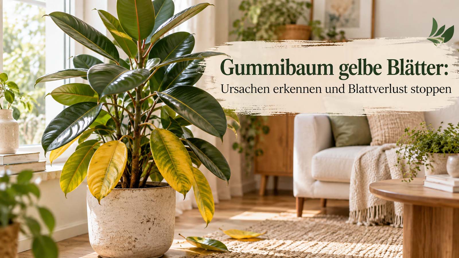 Gummibaum mit mehreren gelben unteren Blättern und abgefallenen Blättern im hellen Wohnraum – passend zu Ursachen wie Gießfehlern, Wurzelstress, Lichtmangel oder Kälte.