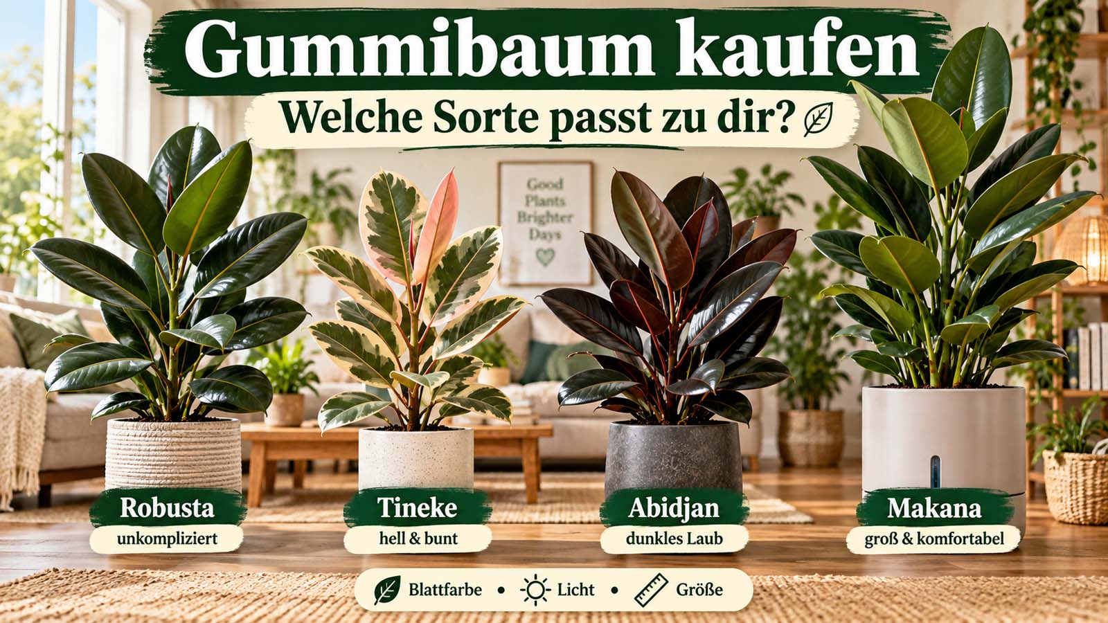 Vier Gummibaum-Sorten im Vergleich: Robusta mit dunkelgrünen Blättern, Tineke mit heller Panaschierung, Abidjan mit dunklem Laub und Makana als große Solitärpflanze.