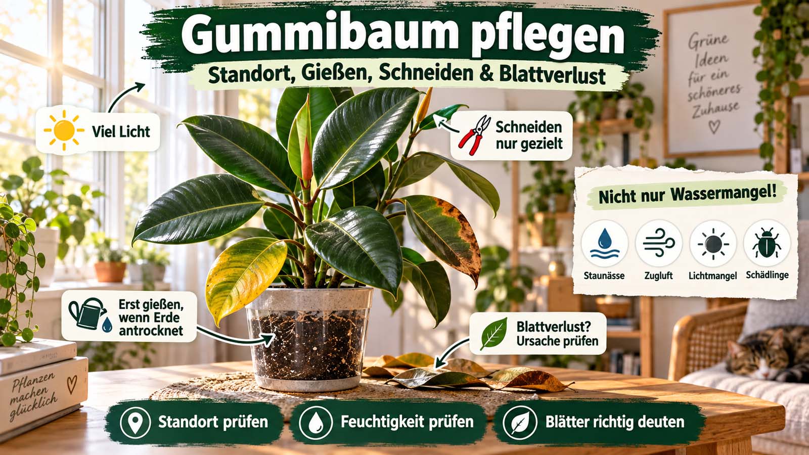 Gummibaum mit gelben und braunen Blättern sowie Hinweisen zu Licht, Gießen, Schneiden, Blattverlust, Staunässe, Zugluft und Schädlingen.