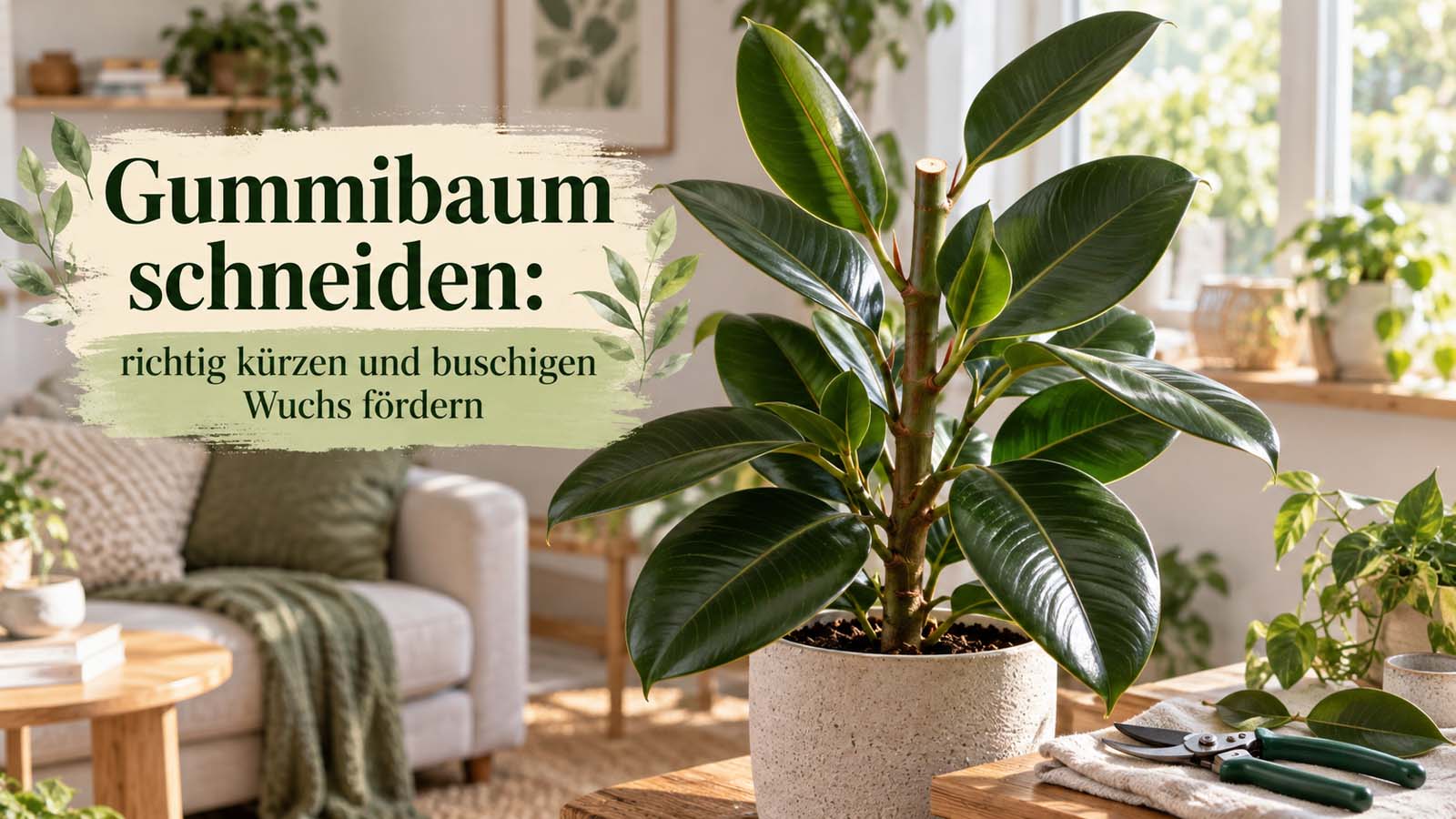 Zurückgeschnittener Gummibaum mit Schnittstelle am Haupttrieb und Gartenschere daneben – passend zum Kürzen und Fördern eines buschigen Wuchses.