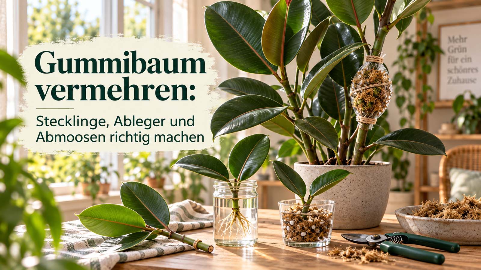Gummibaum mit Kopfstecklingen in Wasser und Substrat sowie einer abgemoosten Stelle am Trieb – passend zur Vermehrung von Ficus elastica.
