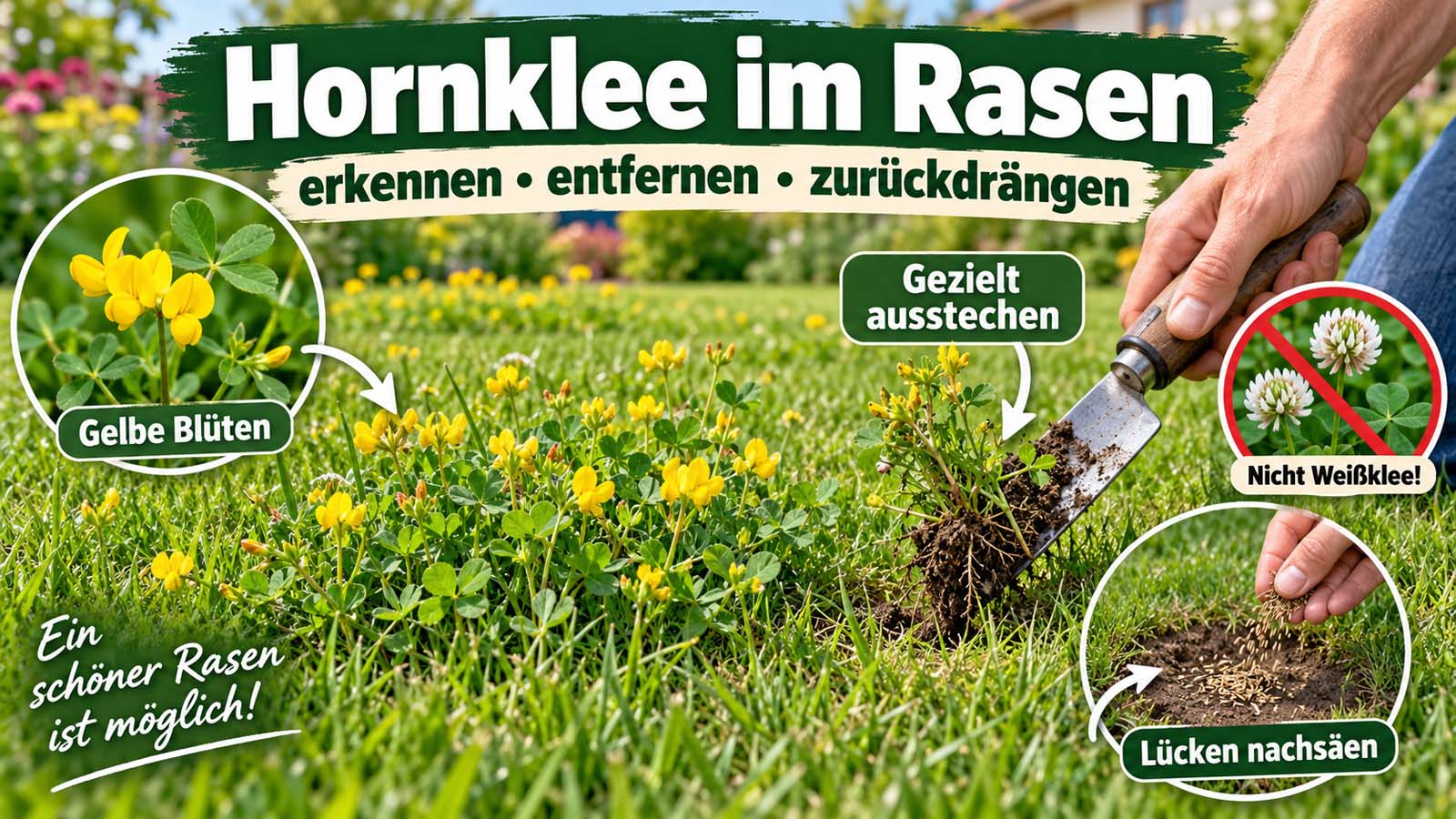 Hornklee mit gelben Blüten im Rasen wird ausgestochen; Nahaufnahmen zeigen typische Blüten, Abgrenzung zu Weißklee und das Nachsäen entstandener Lücken.