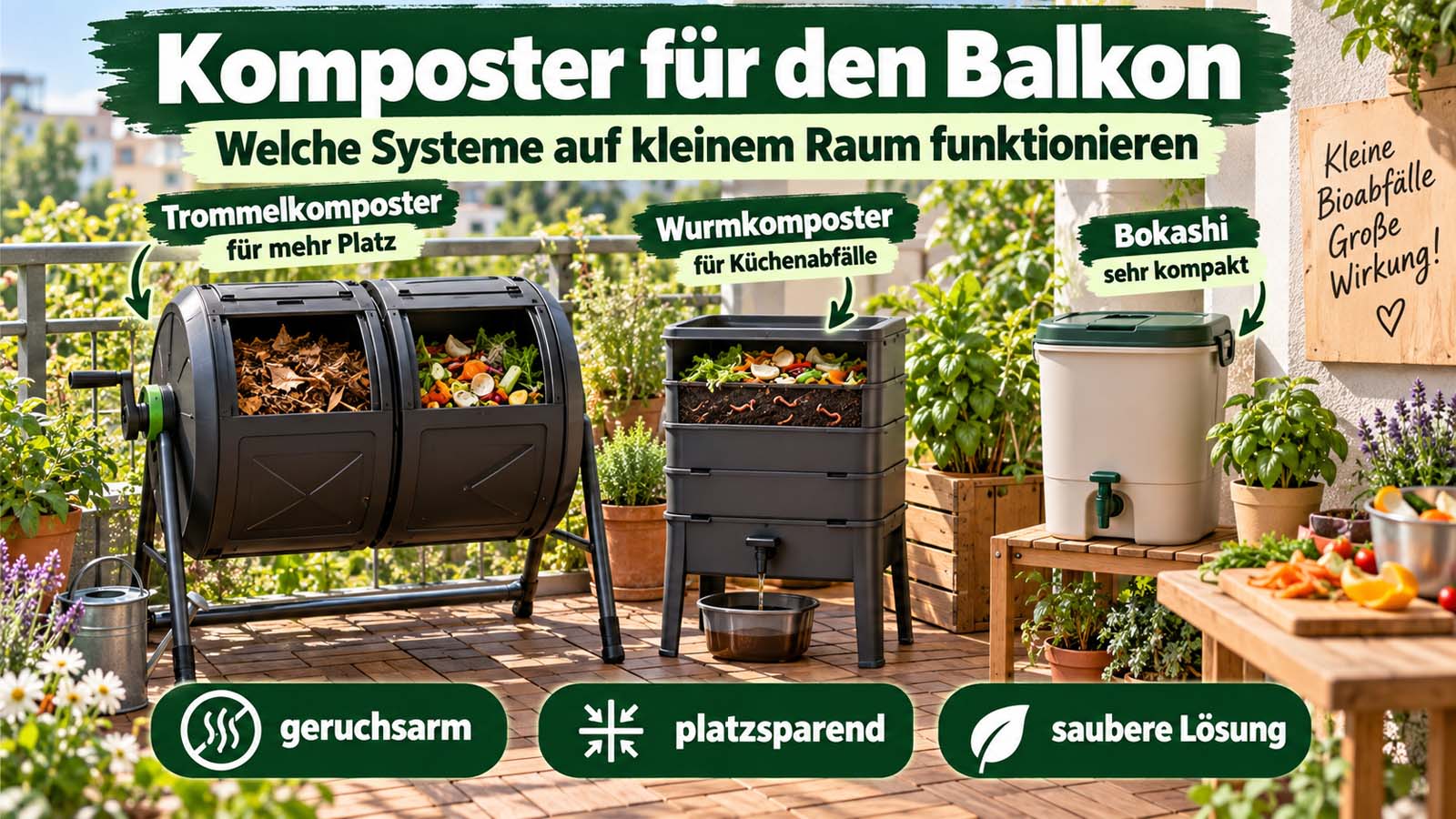 Balkon mit Trommelkomposter, Wurmkomposter und Bokashi-System als platzsparende Lösungen für Küchen- und Bioabfälle auf kleinem Raum.