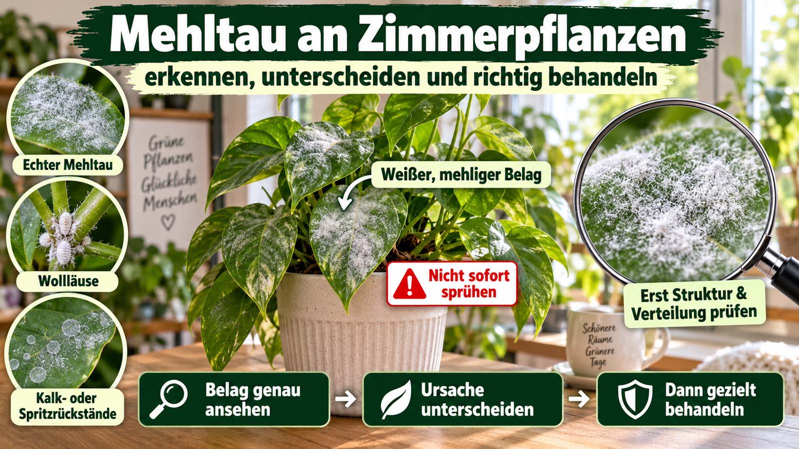 Zimmerpflanze mit weißem, mehligem Belag auf den Blättern sowie Vergleich zu Wollläusen und Kalk- oder Spritzrückständen.
