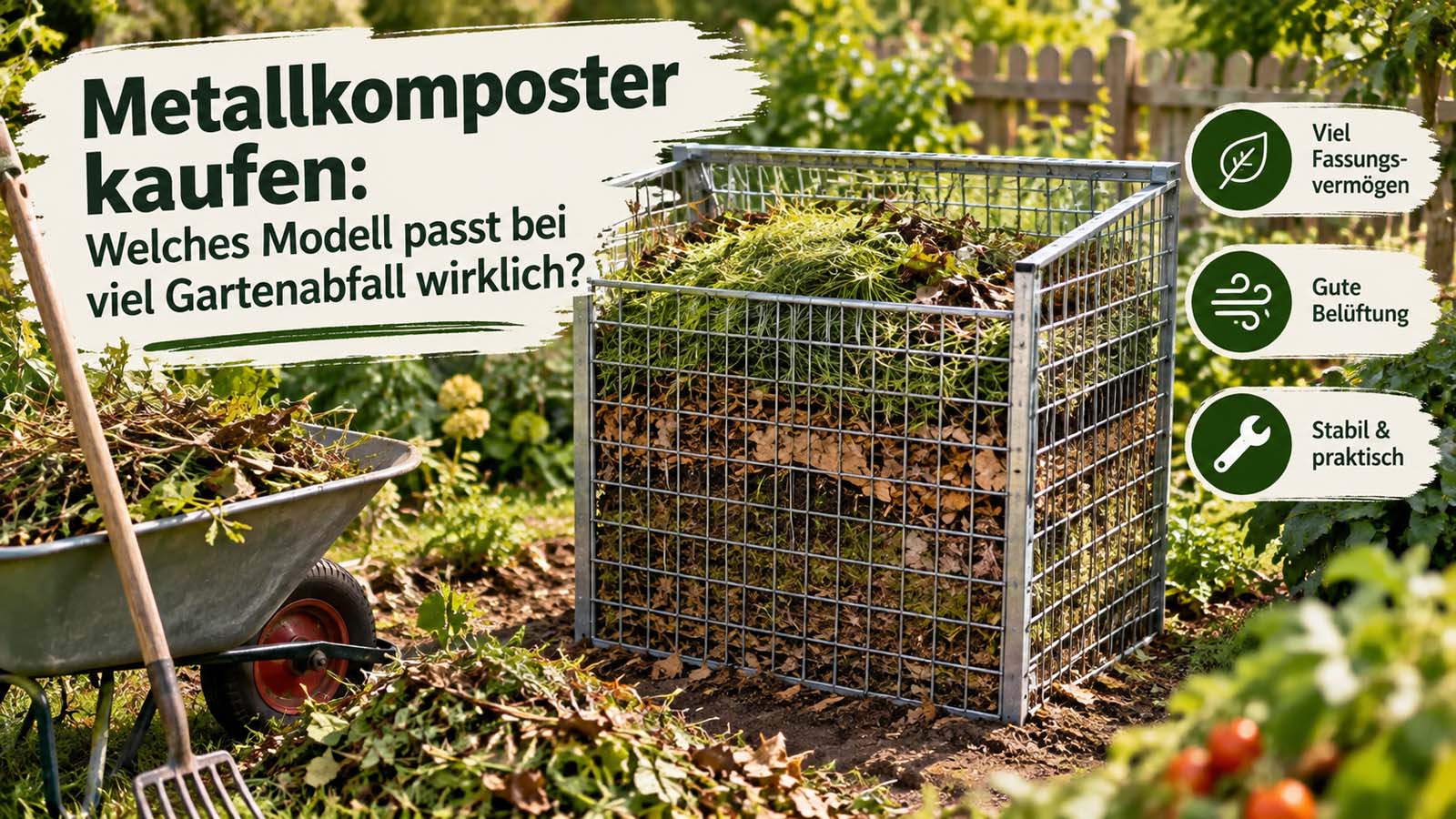 Großer Metallkomposter aus Gitterelementen, gefüllt mit Rasenschnitt, Laub und Gartenabfällen, daneben Schubkarre und Gartenwerkzeug.