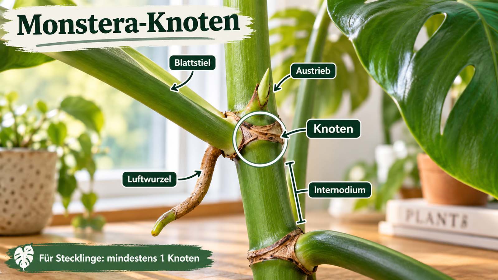 Nahaufnahme eines Monstera-Sprosses mit markiertem Knoten, Blattstiel, Luftwurzel, Austrieb und Internodium als Hilfe zum Erkennen eines geeigneten Stecklings.