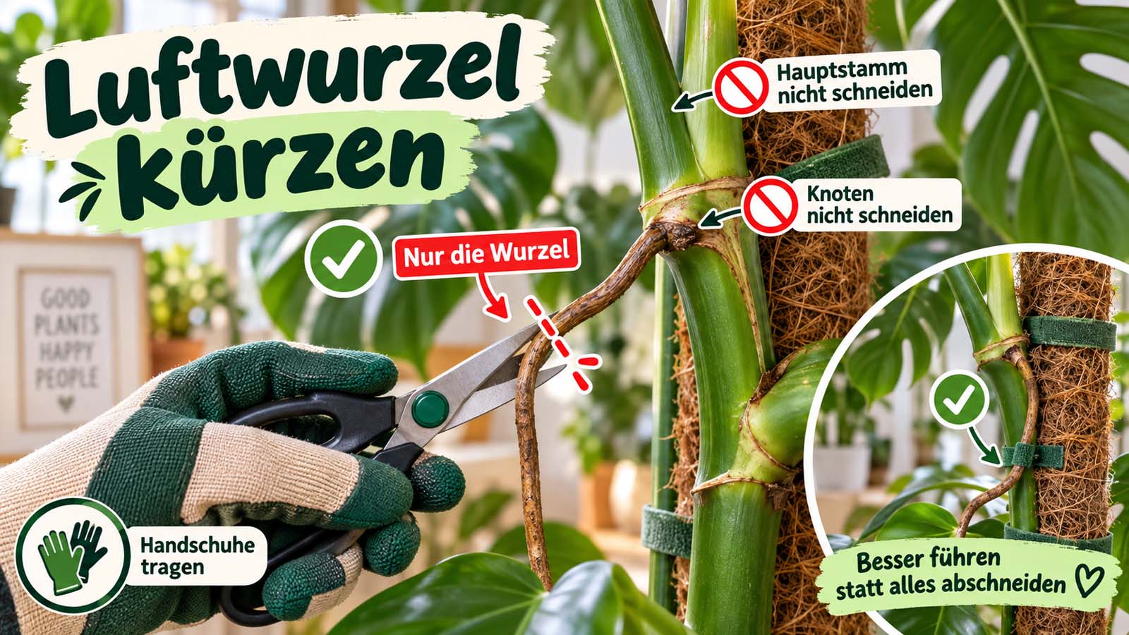 Monstera-Luftwurzel wird mit sauberer Schere gekürzt, während Knoten und Hauptspross unbeschädigt bleiben; Handschuhe schützen beim Schneiden.