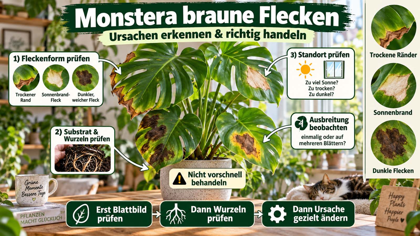 Monstera mit braunen Flecken und Hinweisen zu trockenen Blatträndern, Sonnenbrand, dunklen Flecken, Standort sowie Kontrolle von Substrat und Wurzeln.