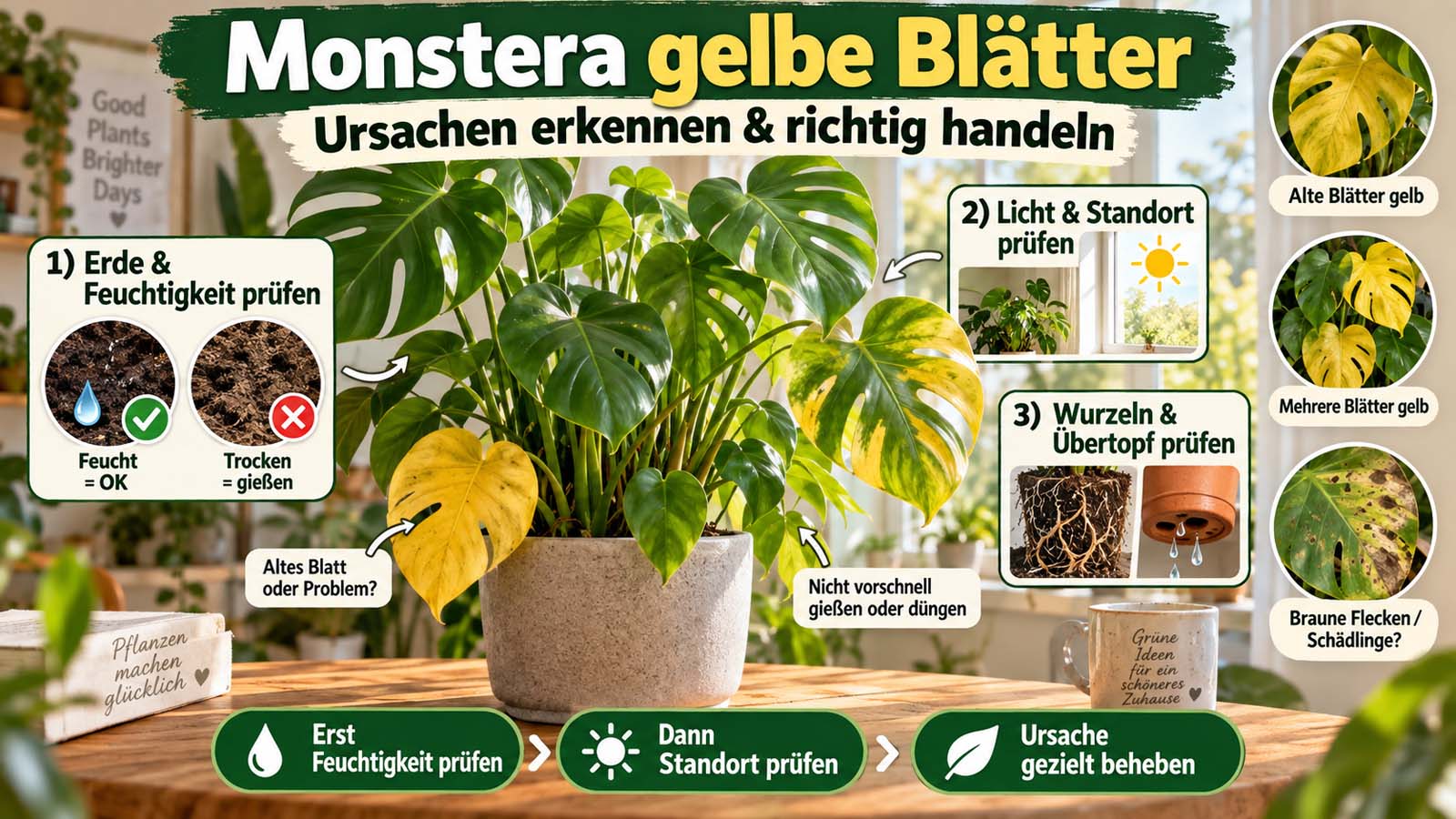 Monstera mit mehreren gelben Blättern und Hinweisen zu Feuchtigkeit, Licht, Wurzeln, Standort und möglichen Schädlingen als Ursachen der Vergilbung.