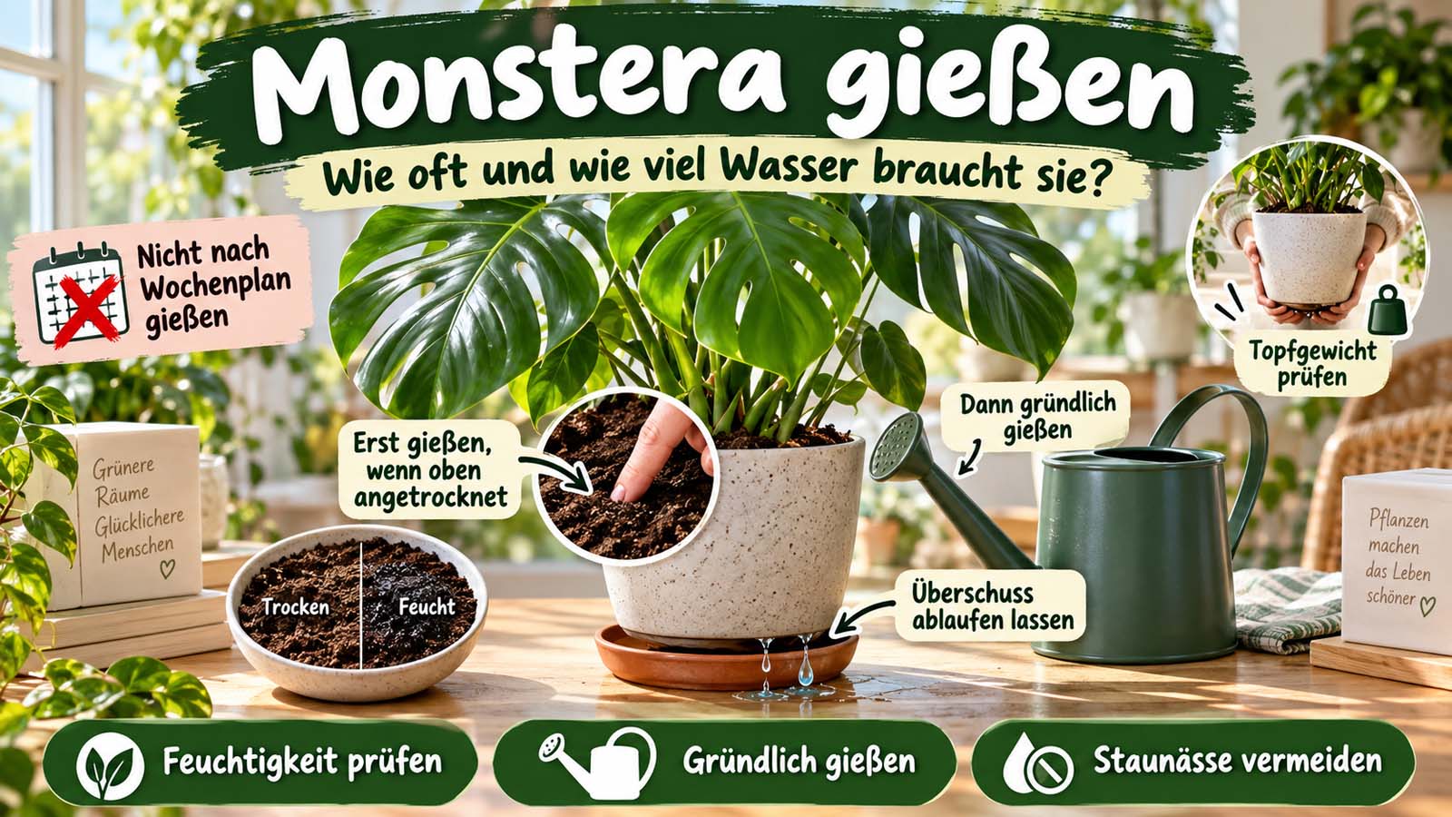 Monstera beim Gießen mit Feuchtigkeitsprüfung der Erde, gründlichem Wässern, Ablauf von überschüssigem Wasser und Hinweis, Staunässe zu vermeiden.