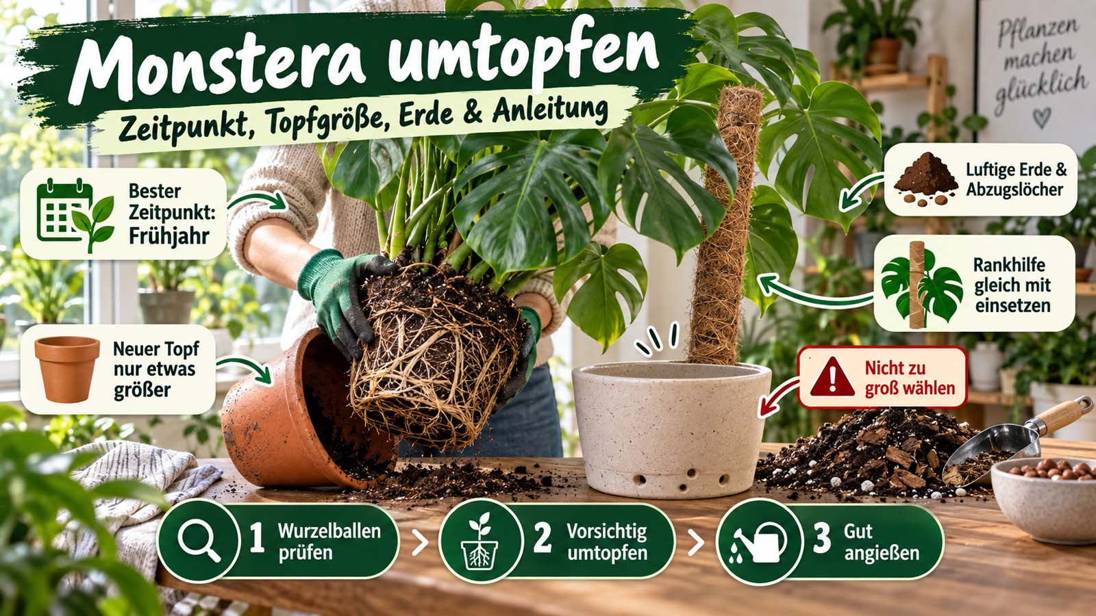 Monstera beim Umtopfen mit freigelegtem Wurzelballen, etwas größerem Topf, lockerer Erde, Abzugslöchern und Rankhilfe.