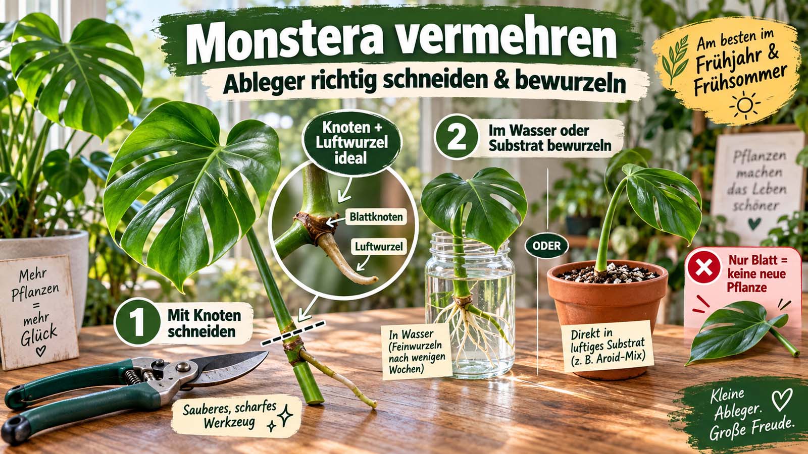 Monstera-Ableger mit Blattknoten und Luftwurzel sowie Anleitung zum Schneiden und Bewurzeln im Wasser oder in luftigem Substrat.