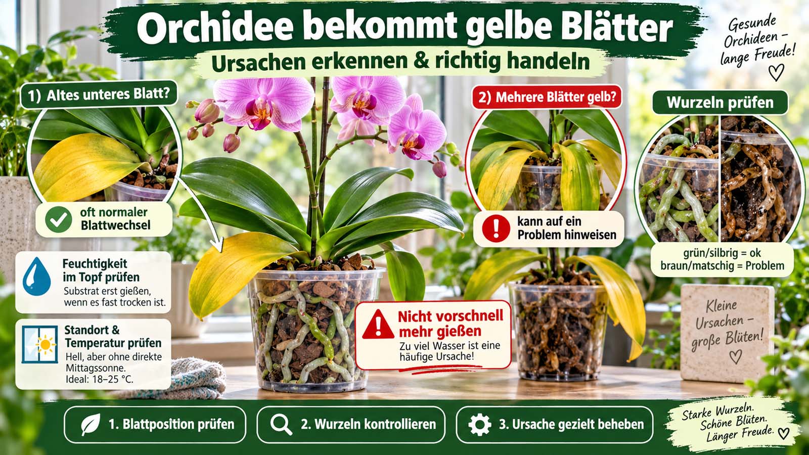Phalaenopsis-Orchidee mit gelbem unterem Blatt und Vergleich zu mehreren gelben Blättern sowie gesunden und braunen Wurzeln zur Ursachenprüfung.