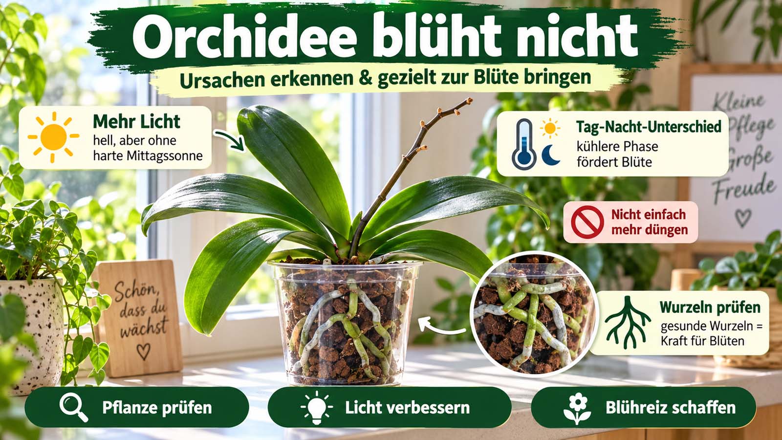 Blühfaule Phalaenopsis mit kräftigen Blättern und gesunden Wurzeln sowie Hinweisen zu mehr Licht, Tag-Nacht-Unterschied und Wurzelkontrolle.