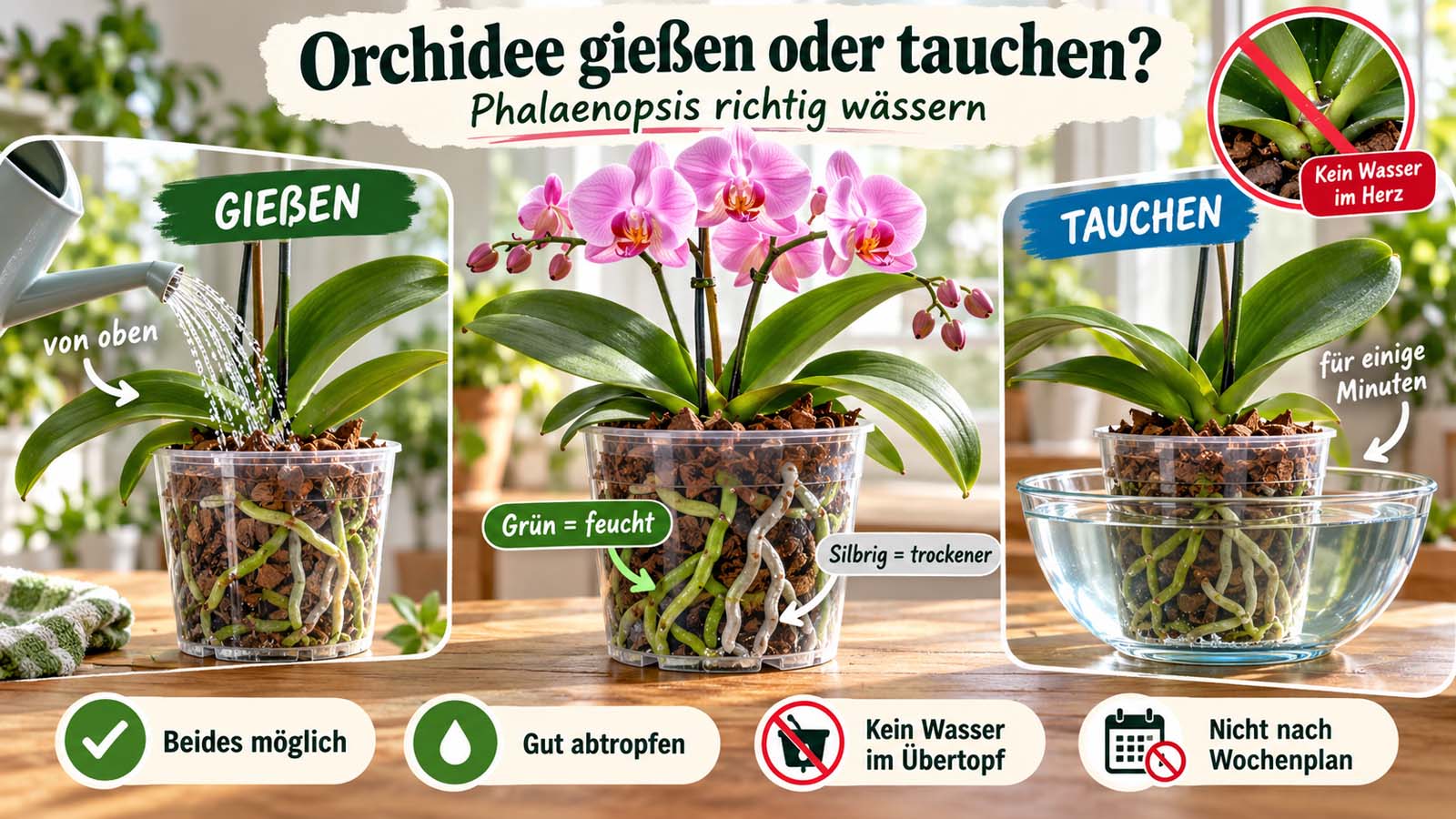 Phalaenopsis im transparenten Topf beim Gießen und Tauchen mit grünen und silbrigen Wurzeln sowie Hinweisen zum Abtropfen und richtigen Wässern.