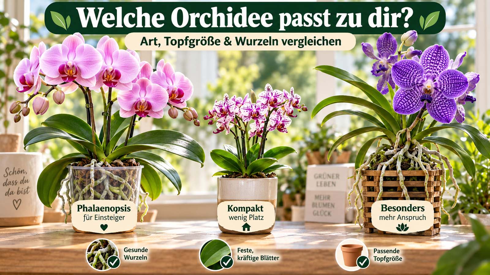 Verschiedene Orchideen im Vergleich mit Phalaenopsis für Einsteiger, kompakter Orchidee und anspruchsvollerer Variante sowie Hinweisen auf gesunde Wurzeln, kräftige Blätter und passende Topfgröße.