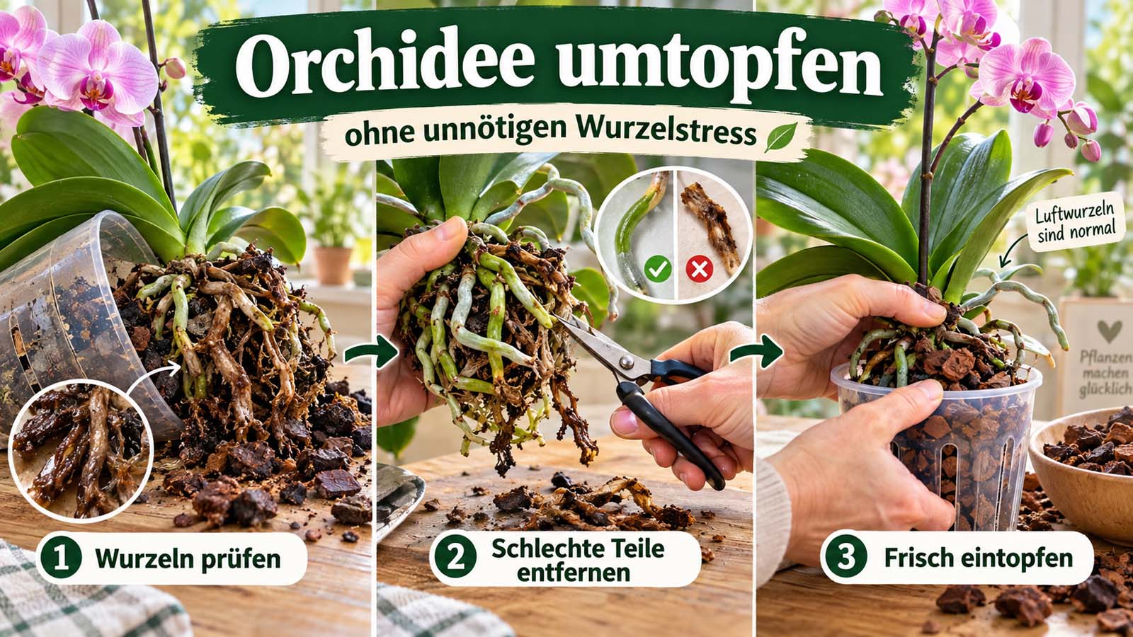 Phalaenopsis beim Umtopfen mit Wurzelkontrolle, Entfernen fauler Wurzeln und Einsetzen in frisches luftiges Orchideensubstrat.