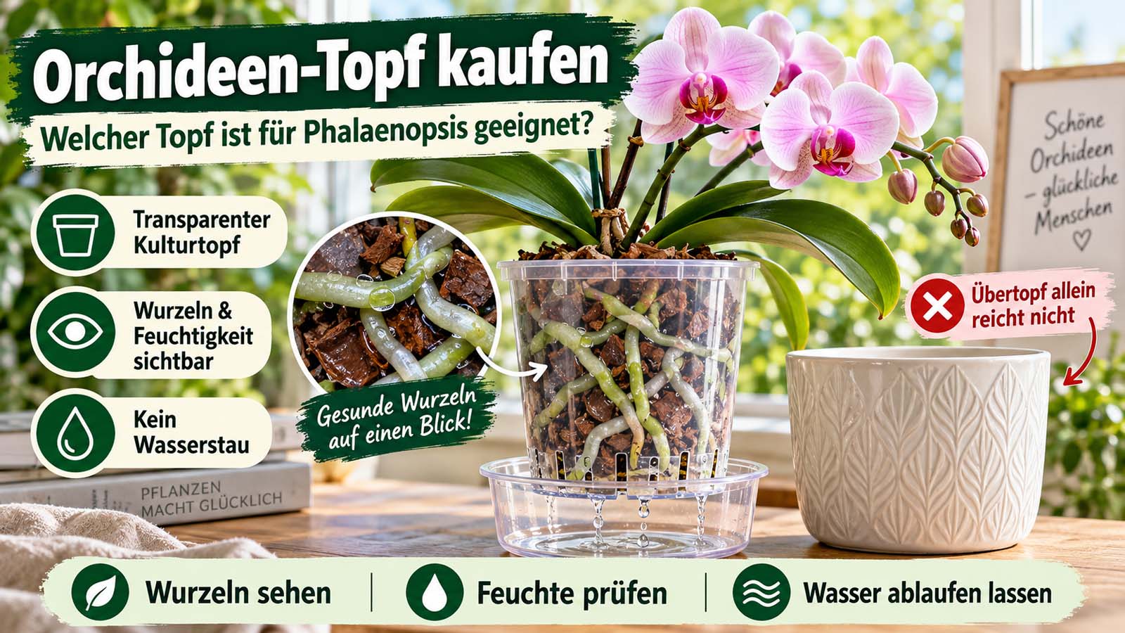 Phalaenopsis-Orchidee im transparenten Kulturtopf mit sichtbaren Wurzeln und Ablauföffnungen neben einem dekorativen Übertopf.