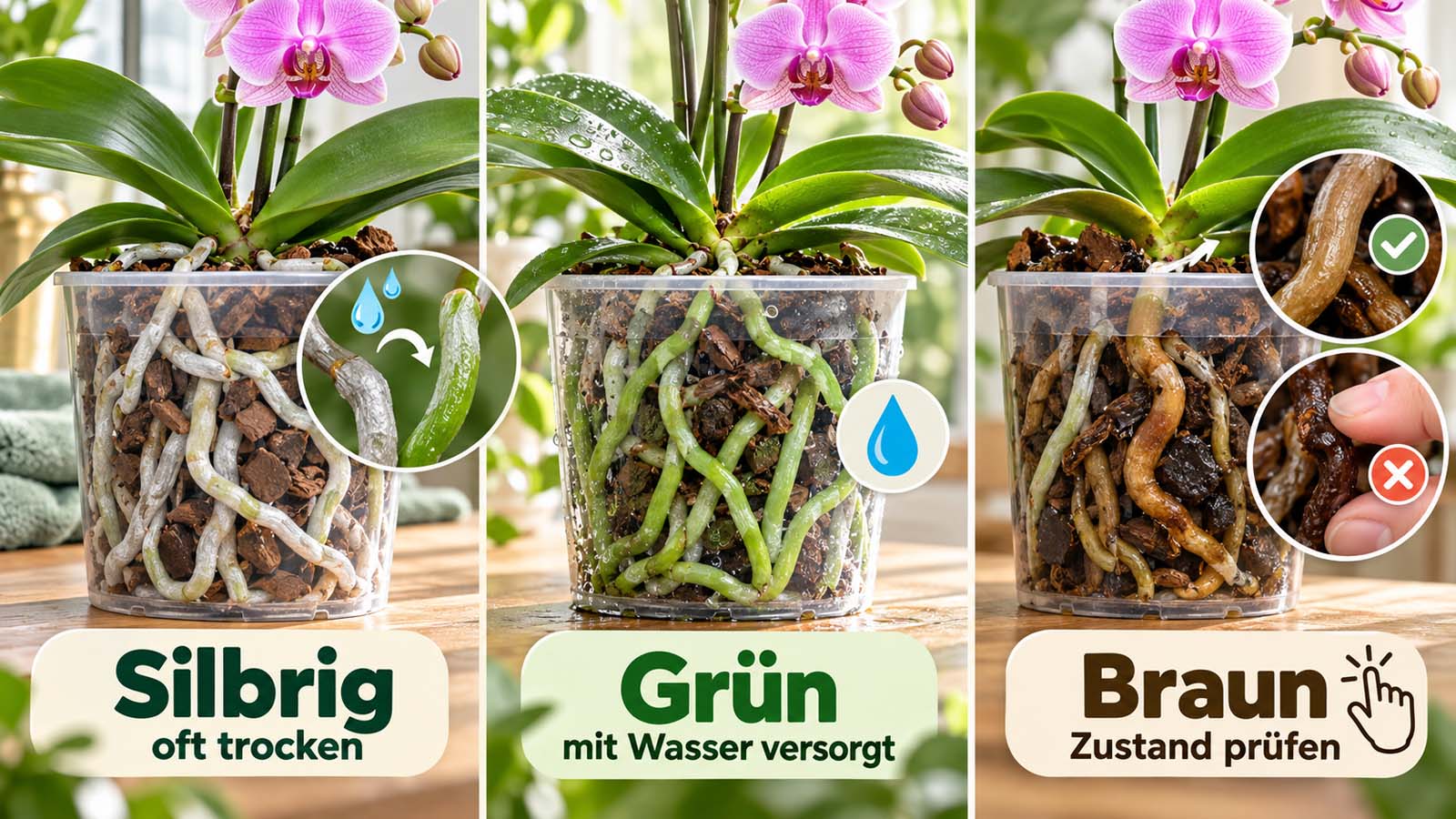 Drei Phalaenopsis im Vergleich mit silbrigen trockenen, grünen feuchten und braunen Orchideen-Wurzeln sowie Hinweis auf den Zustandstest bei braunen Wurzeln.