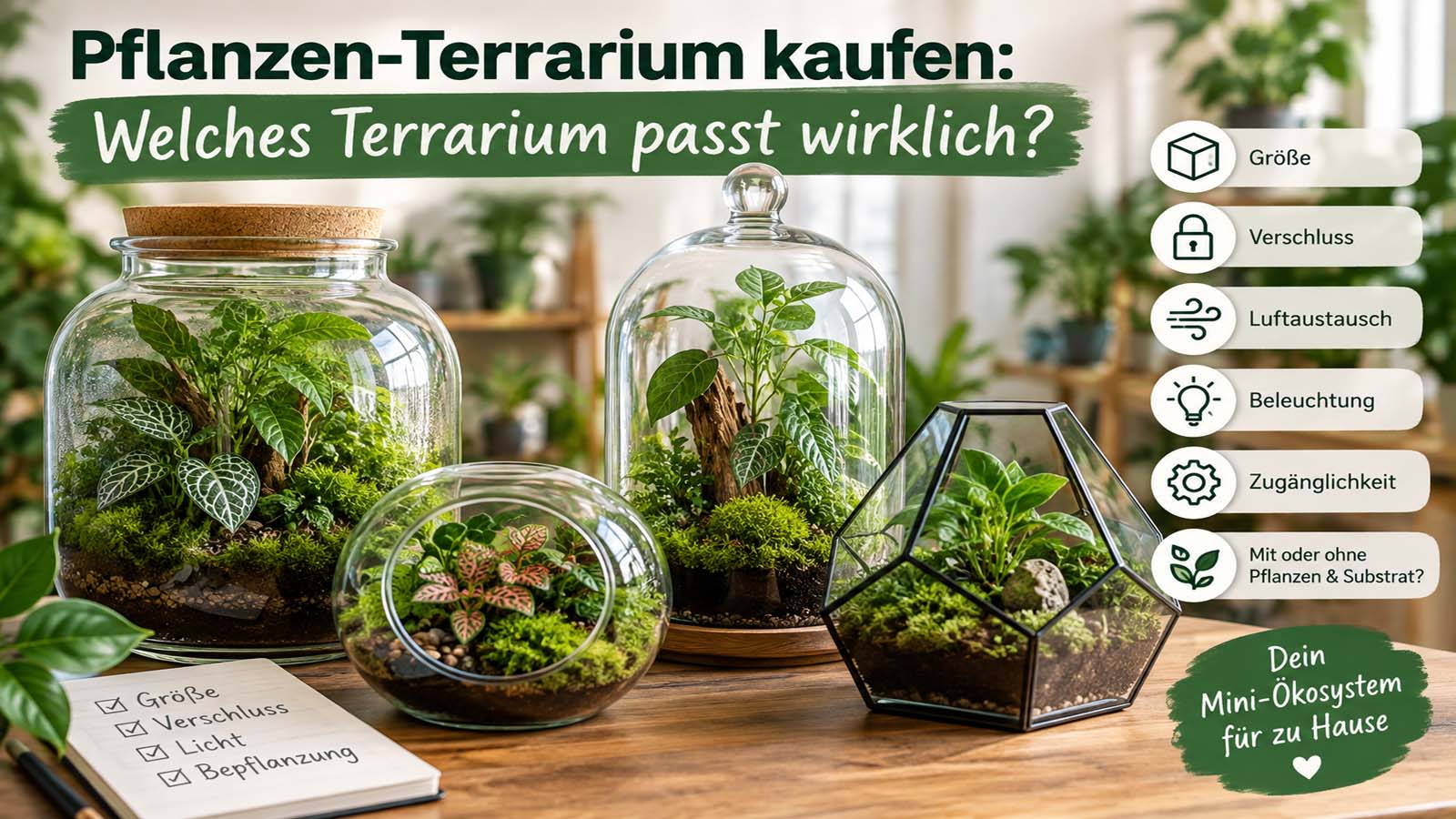 Verschiedene bepflanzte Glas-Terrarien mit Hinweisen zu Größe, Verschluss, Luftaustausch, Beleuchtung, Zugänglichkeit und Bepflanzung.