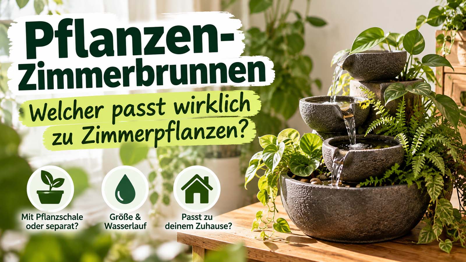 Pflanzen-Zimmerbrunnen mit Wasserschalen und integrierten Zimmerpflanzen sowie Hinweisen zu Pflanzschale, Wasserlauf und passender Größe für den Wohnraum.