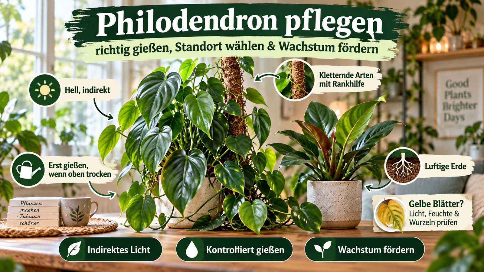 Kletternder und kompakt wachsender Philodendron mit Hinweisen zu hellem indirektem Licht, kontrolliertem Gießen, luftiger Erde und Rankhilfe.