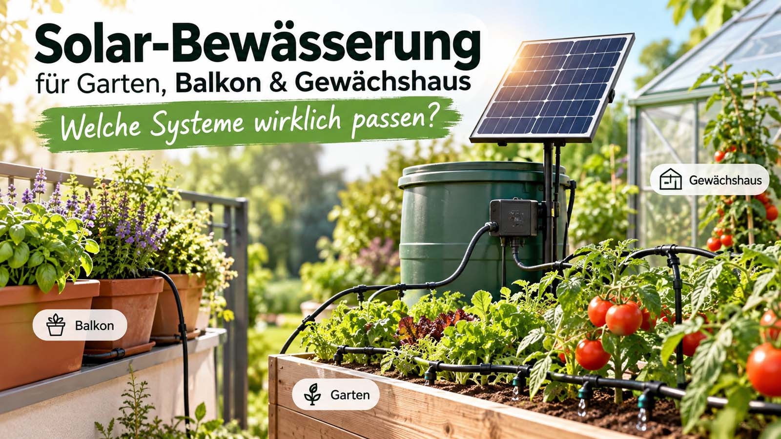 Solar-Bewässerungssystem mit Solarpanel, Wassertank, Pumpe und Tropfschläuchen für Balkonpflanzen, Hochbeet und Gewächshaus.