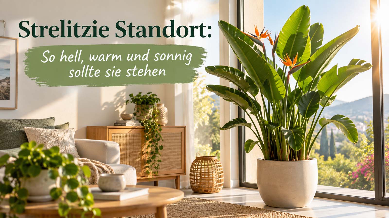Große Strelitzie an einem sehr hellen, sonnigen Fensterplatz im Wohnraum – passend zum idealen Standort mit viel Licht und Wärme.