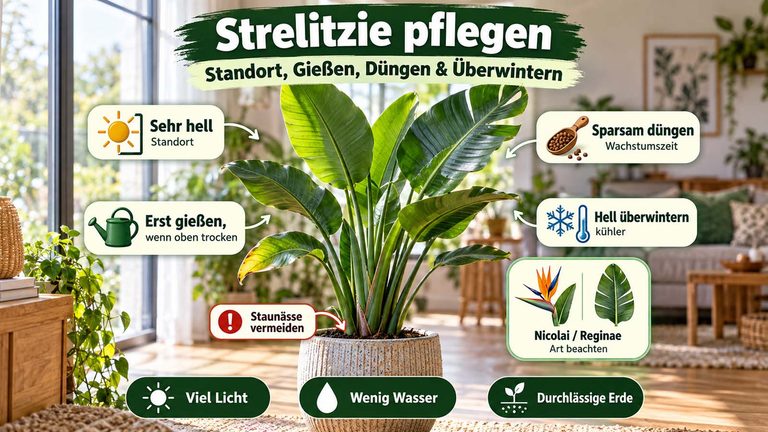 Strelitzie pflegen: Standort, Gießen, Düngen und Überwintern
