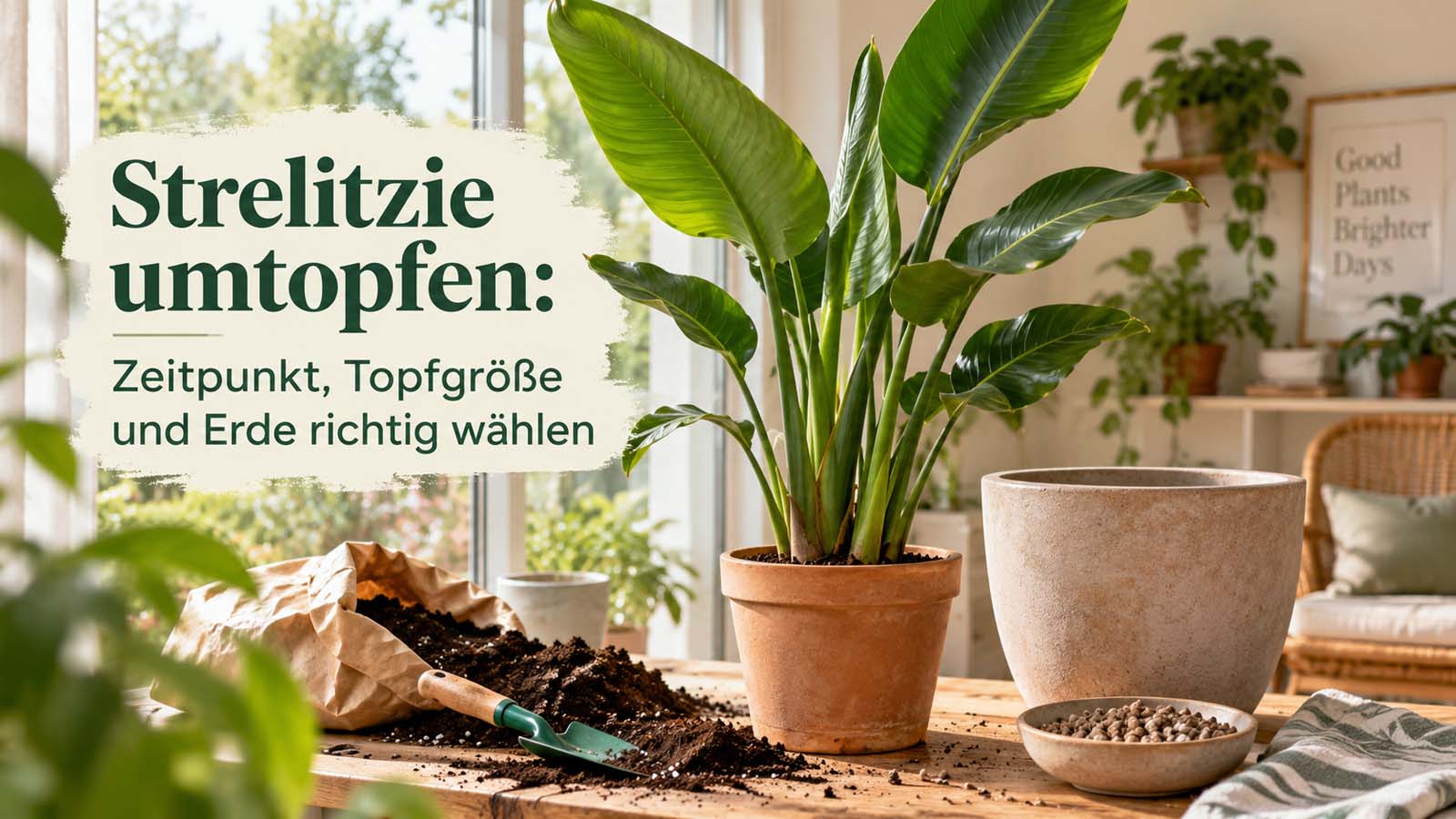 Strelitzie beim Umtopfen mit größerem Pflanztopf, lockerer Erde und Pflanzwerkzeug – passend zu Topfgröße, Substrat und richtigem Zeitpunkt.