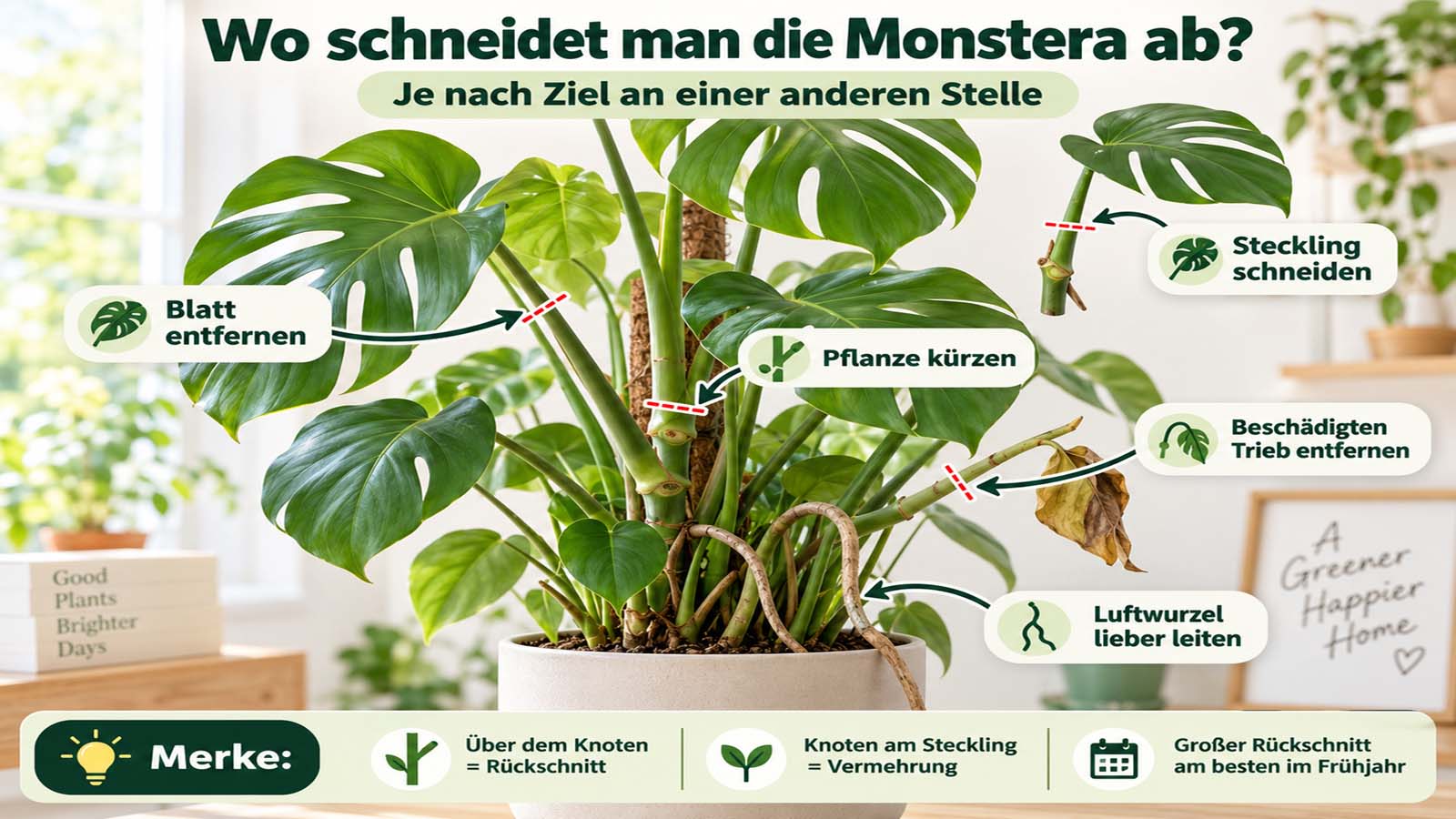 Monstera mit markierten Schnittstellen für Blattentfernung, Rückschnitt, Stecklinge und beschädigte Triebe sowie Hinweis zum Umgang mit Luftwurzeln.