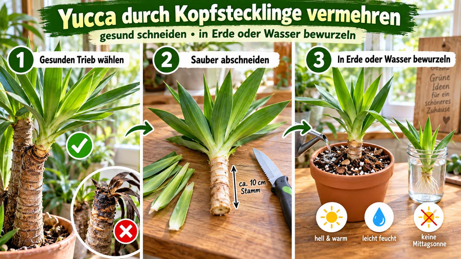 Yucca-Palme mit gelben unteren Blättern sowie Hinweisen zu Bodenfeuchtigkeit, Licht, weichem Stamm und möglichen Wurzelschäden.
