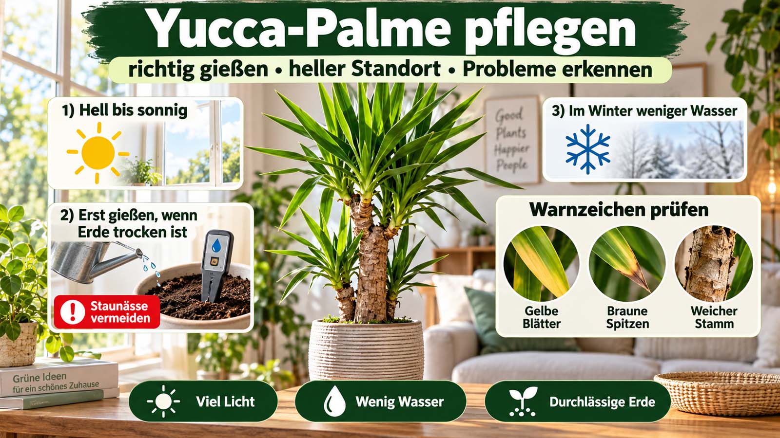 Yucca-Palme mit Pflegetipps zu hellem Standort, wenig Wasser, durchlässiger Erde sowie Warnzeichen wie gelben Blättern, braunen Spitzen und weichem Stamm.