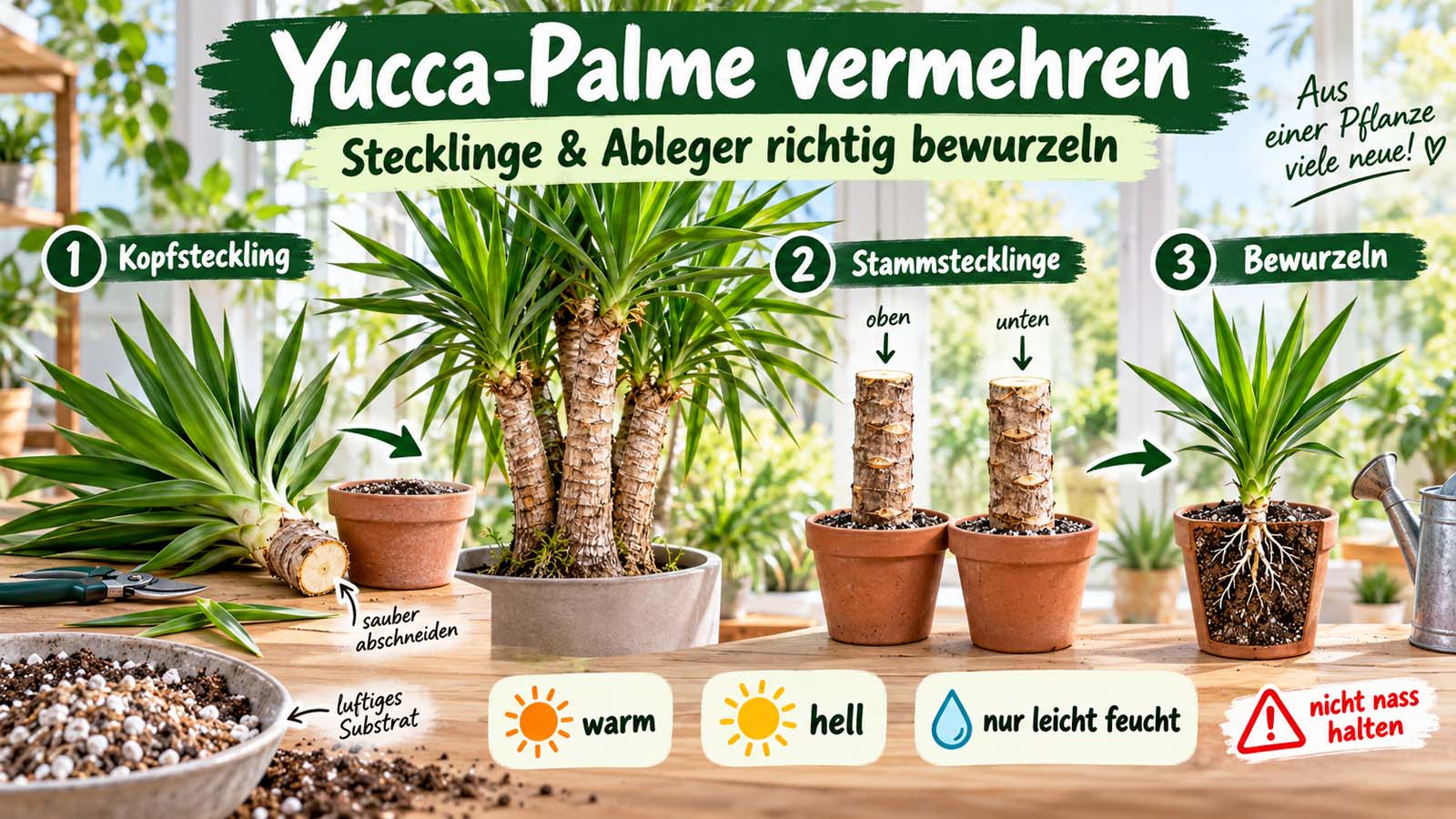 Yucca-Palme mit Kopfsteckling, Stammstecklingen und bewurzelter Jungpflanze sowie Hinweisen zu hellem Standort, Wärme und nur leicht feuchtem Substrat.