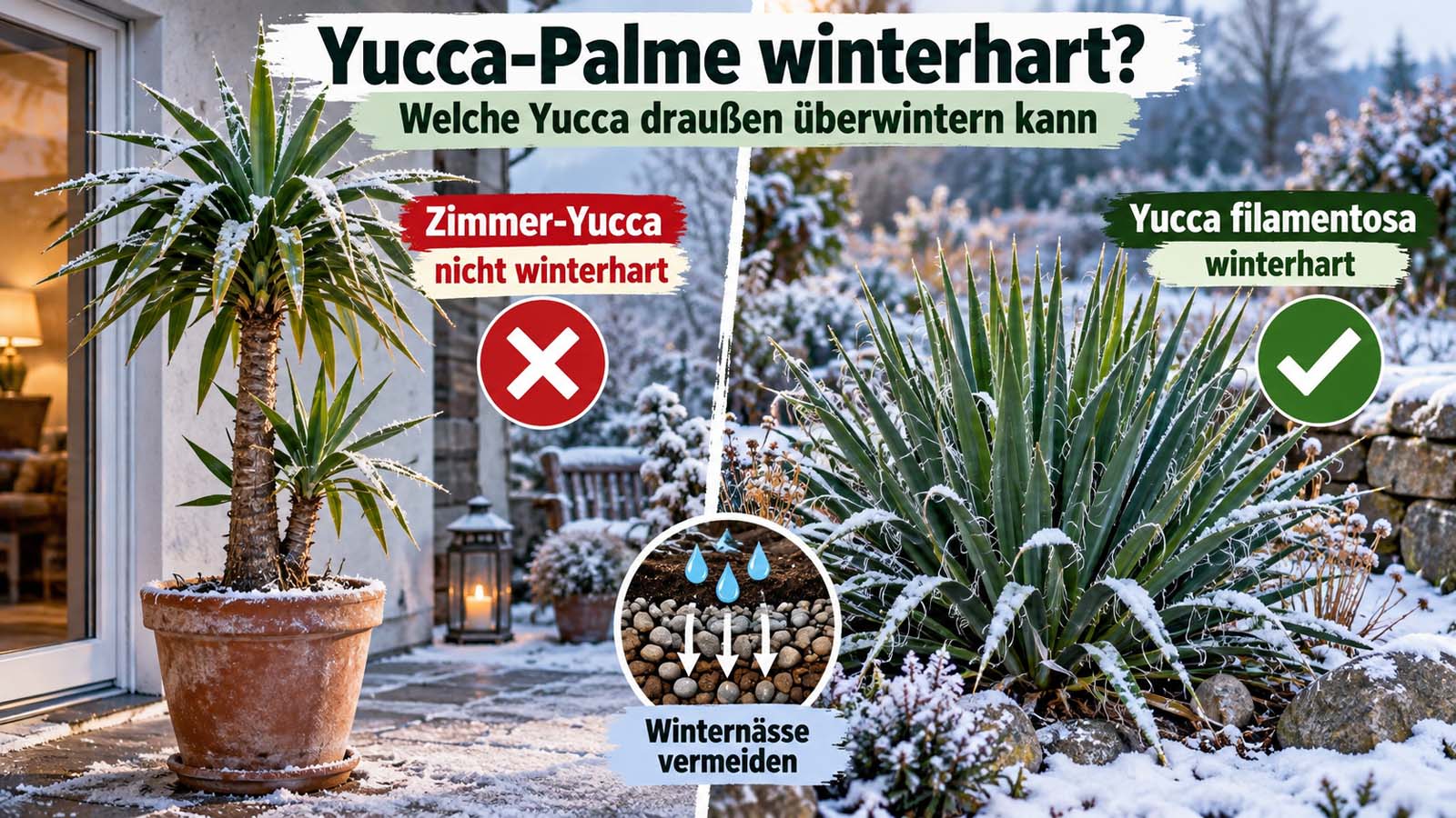 Vergleich einer nicht winterharten Zimmer-Yucca im Kübel mit winterharter Yucca filamentosa im verschneiten Garten sowie Hinweis auf guten Wasserabzug im Winter.