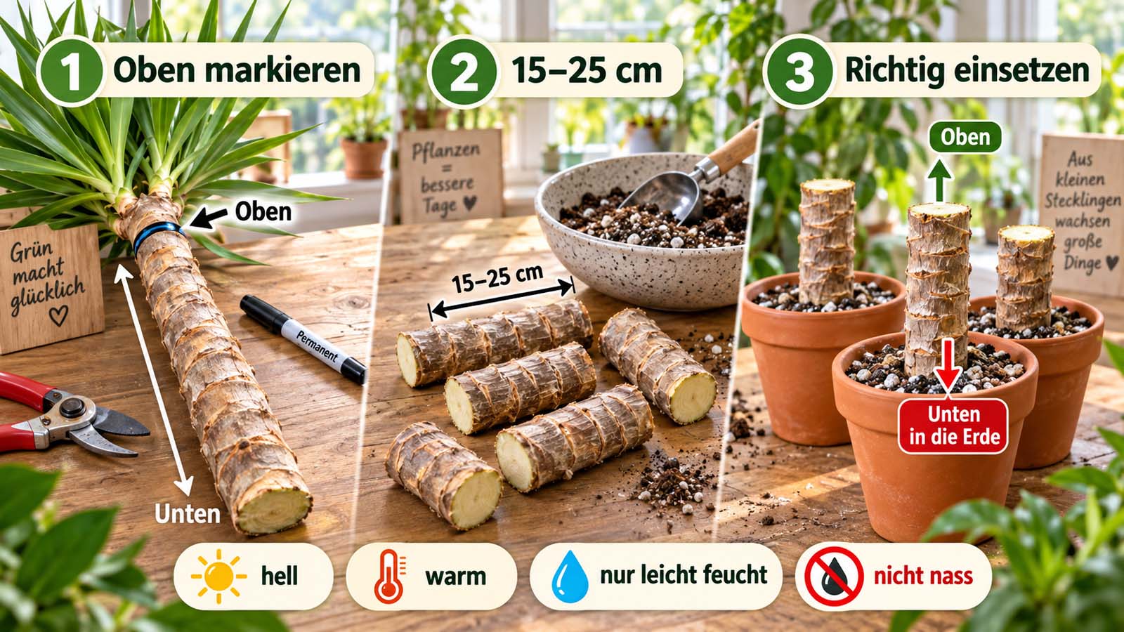 Yucca-Stammstecklinge mit markierter Ober- und Unterseite, 15 bis 25 Zentimeter langen Stammstücken und richtig eingesetzten Stecklingen in lockerem Substrat.