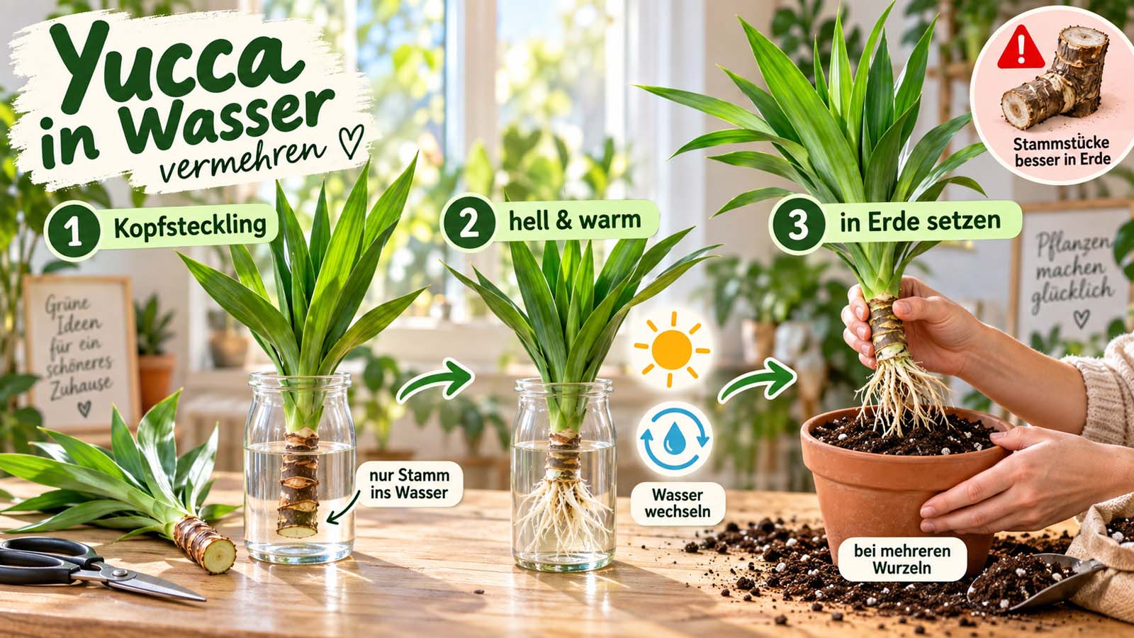 Yucca-Kopfsteckling im Wasserglas mit neuen Wurzeln und anschließendem Einpflanzen in lockeres Substrat; Stammstücke besser direkt in Erde bewurzeln.