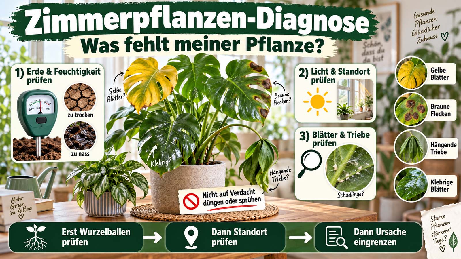 Zimmerpflanzen-Diagnose mit Hinweisen zu Feuchtigkeit, Licht, Standort, gelben Blättern, braunen Flecken, hängenden Trieben und Schädlingen zur Ursachenprüfung.