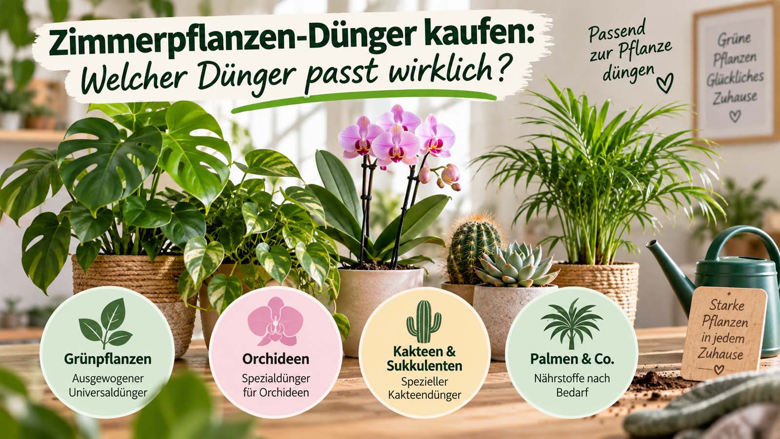 Monstera, Orchidee, Kakteen, Sukkulenten und Palme mit Hinweisen zur passenden Düngerwahl für verschiedene Zimmerpflanzen.