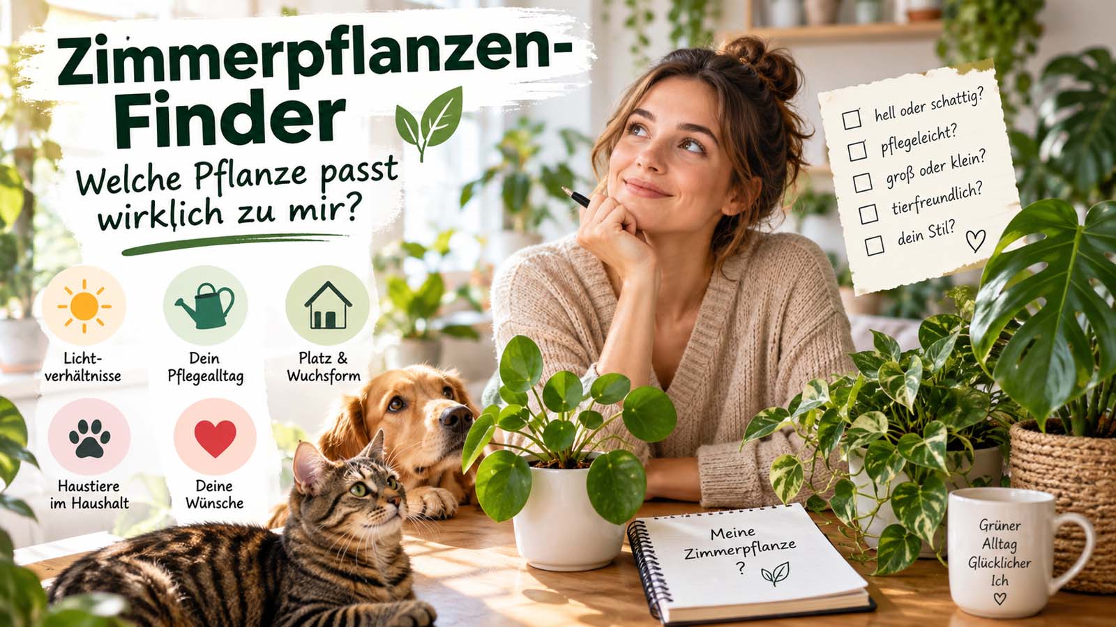 Zimmerpflanzen-Finder mit verschiedenen Pflanzen sowie Auswahlkriterien zu Licht, Pflegeaufwand, Platz, Wuchsform und Haustieren.