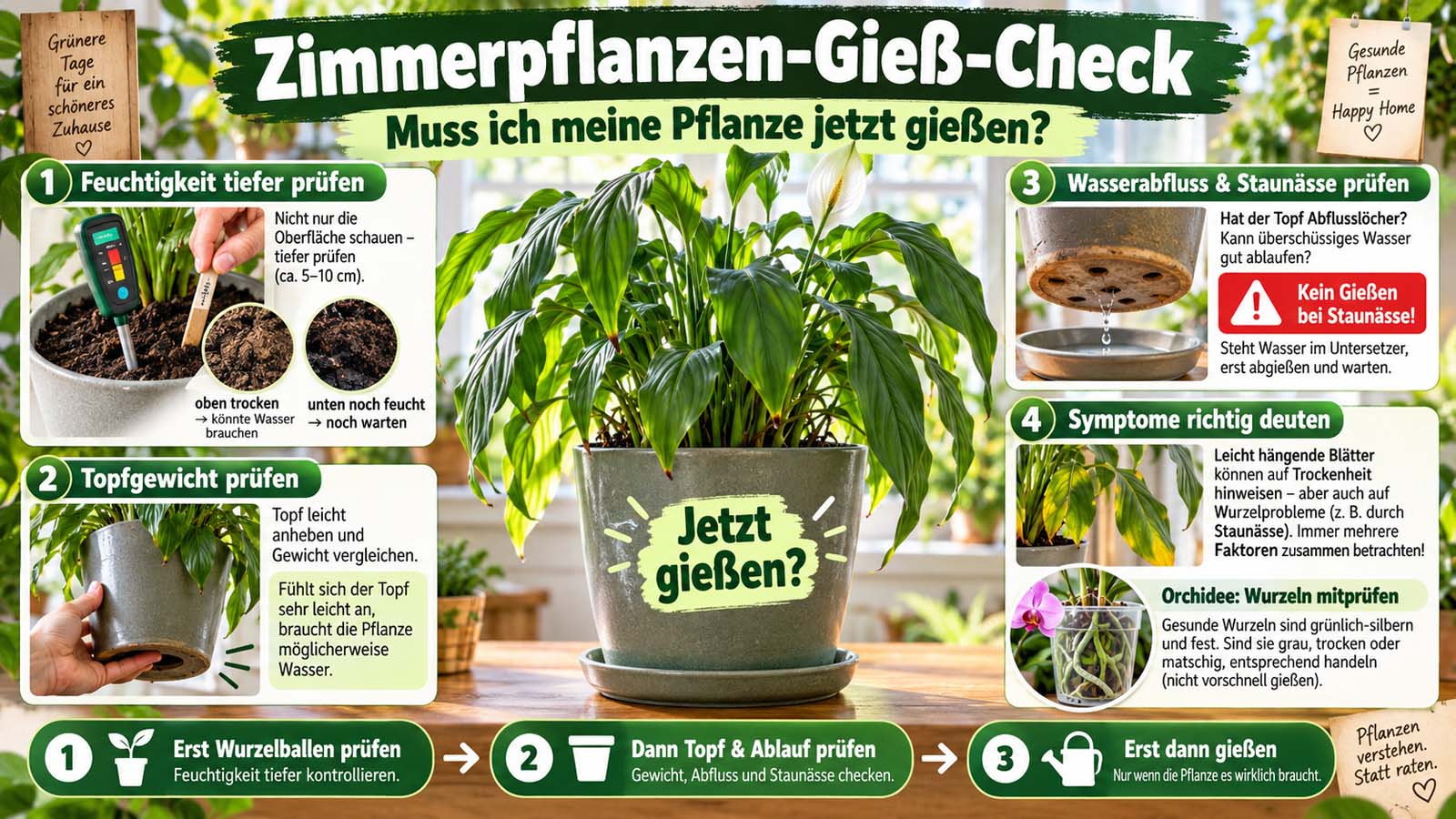 Zimmerpflanzen-Gieß-Check mit Feuchtigkeitsprüfung, Topfgewicht, Wasserabfluss, Staunässe und Symptomen als Entscheidungshilfe fürs richtige Gießen.