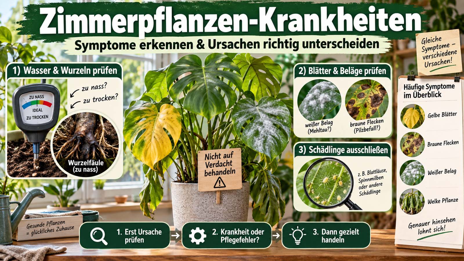 Zimmerpflanze mit gelben Blättern, braunen Flecken und weißem Belag sowie Hinweisen auf Wurzelfäule, Pflegefehler und Schädlinge.