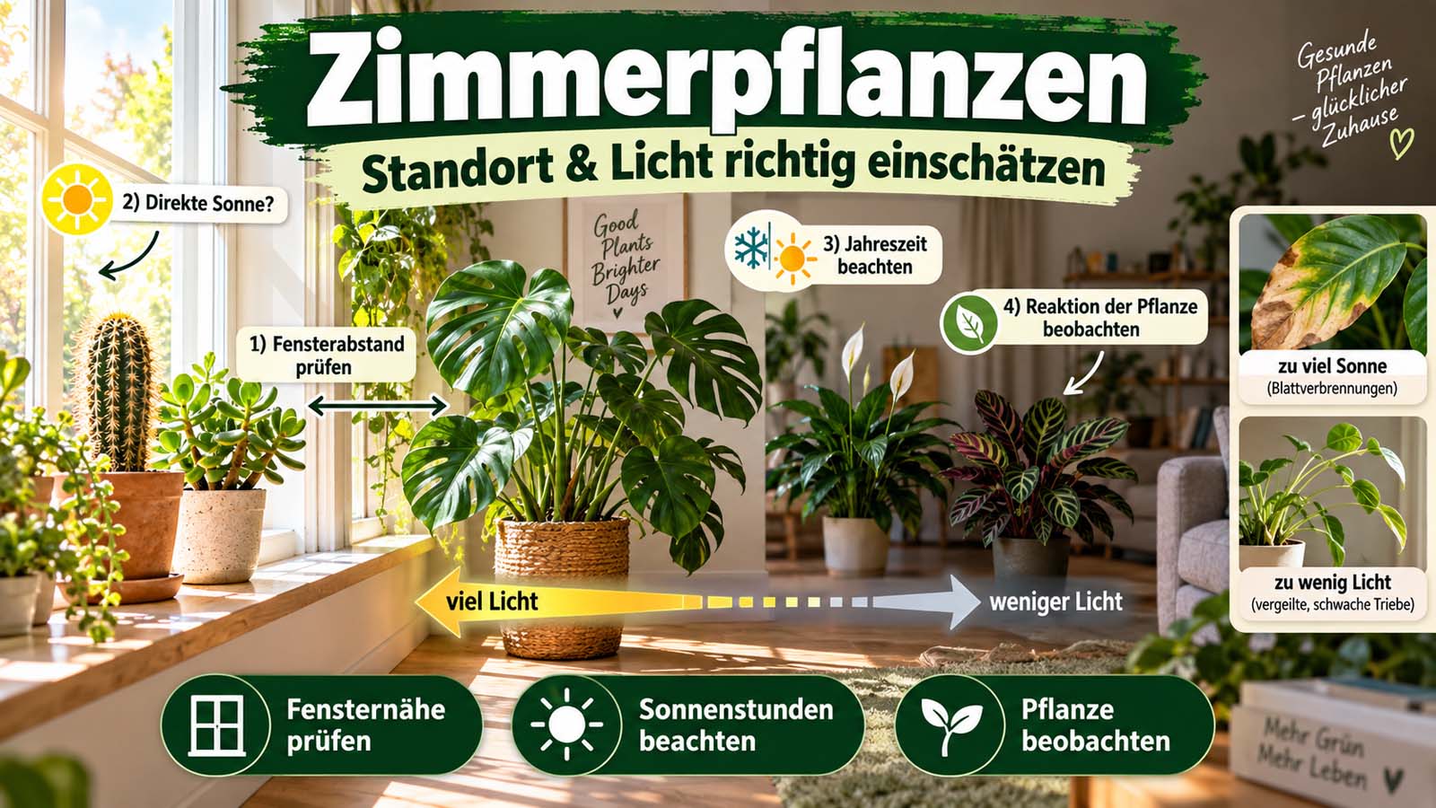 Zimmerpflanzen in unterschiedlicher Entfernung zum Fenster mit Hinweisen zu direkter Sonne, Lichtmenge, Jahreszeit und typischen Schäden durch zu viel oder zu wenig Licht.