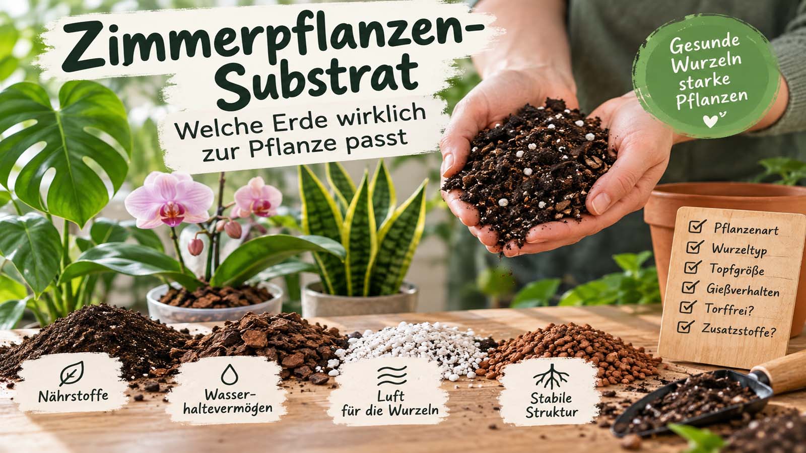 Verschiedene Zimmerpflanzen mit lockeren Substratbestandteilen wie Erde, Rinde und Perlit sowie Hinweisen zu Wasserhaltevermögen, Luft für die Wurzeln und stabiler Struktur.