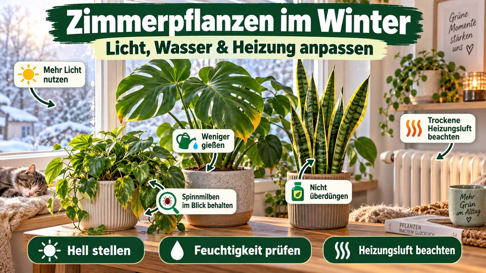 Zimmerpflanzen im Winter mit Hinweisen zu mehr Licht, weniger Gießen, trockener Heizungsluft, sparsamem Düngen und Spinnmilbenkontrolle.