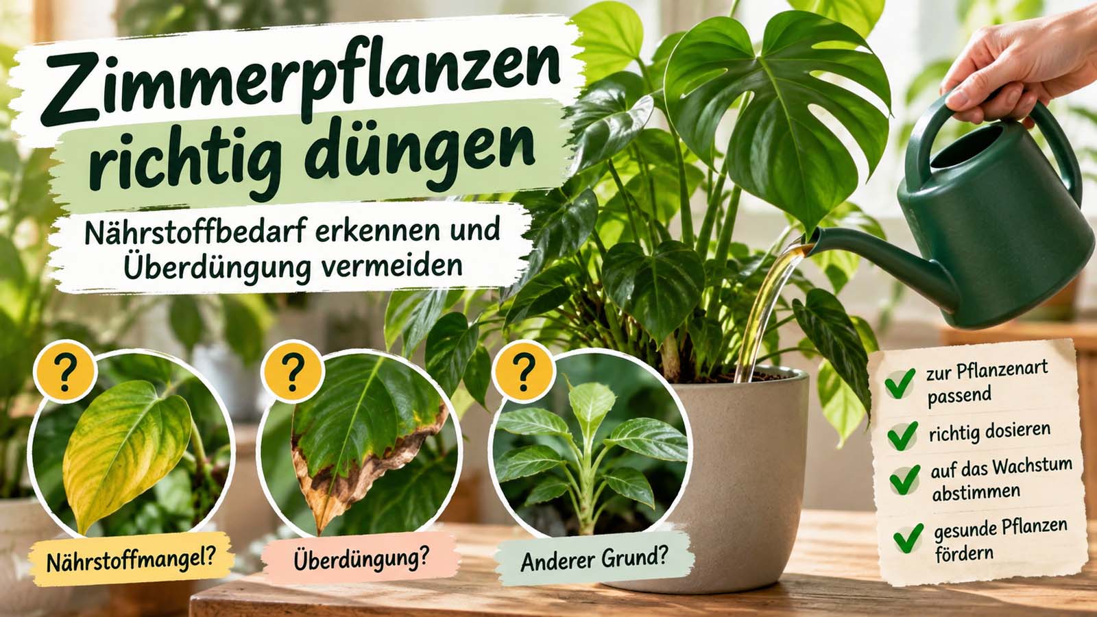 Zimmerpflanze beim Düngen mit Hinweisen auf Nährstoffmangel, Überdüngung und die richtige Dosierung für gesundes Wachstum.