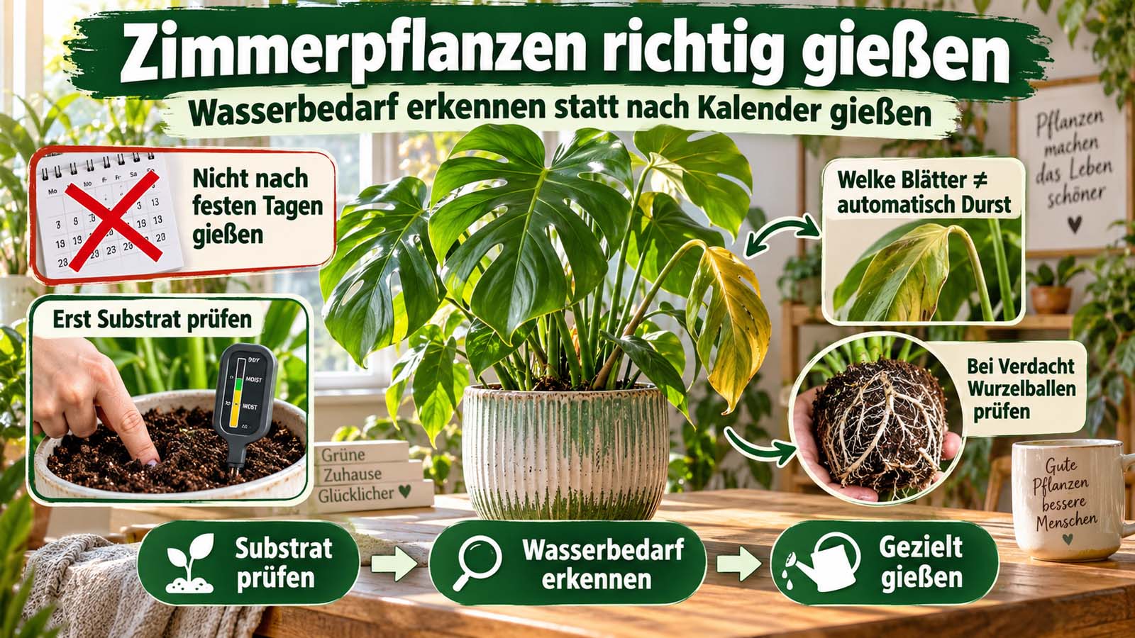 Monstera mit Hinweisen zum richtigen Gießen: Substrat prüfen, Wasserbedarf erkennen, Wurzelballen kontrollieren und nicht nach festen Tagen gießen.